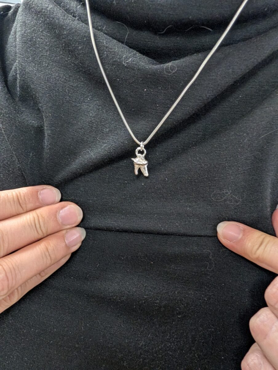 a silver fox tooth necklace hangs against a black shirt