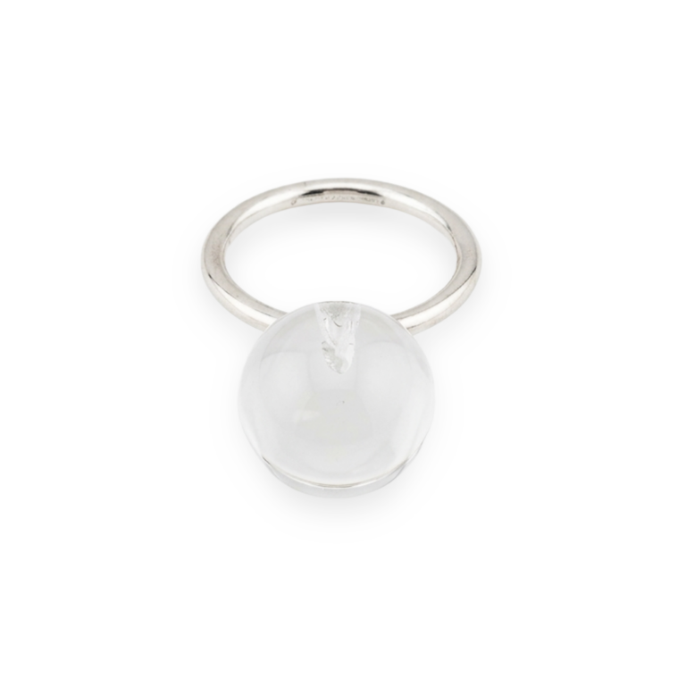 a rock crystal sphere is set onto a silver ring